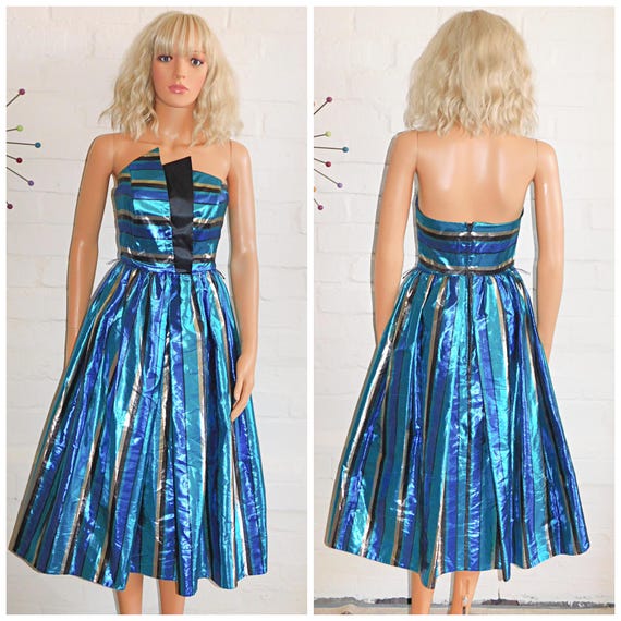 Vintage 80s Blue Green Gold METALLIC Striped STRAPLESS Prom Party Dress 6 8 Xs 1980s Kitsch Cocktail Avant Garde