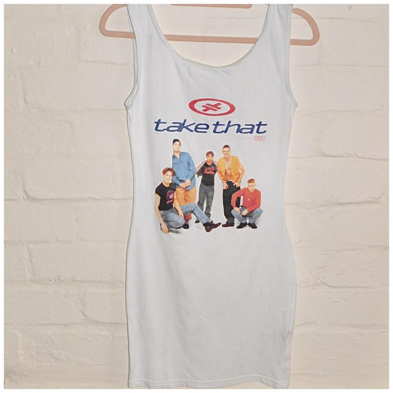 Vintage 90s Deadstock TAKE THAT MINI T Shirt Dress Xxs 1990s Graphic White Tee