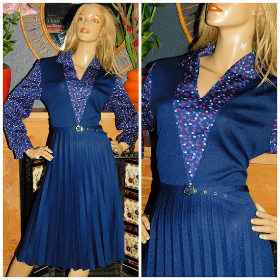 Vintage 70s Navy Contrast DITSY FLORAL ACCORDION Pleated Day Dress 14 M 1970s Kitsch