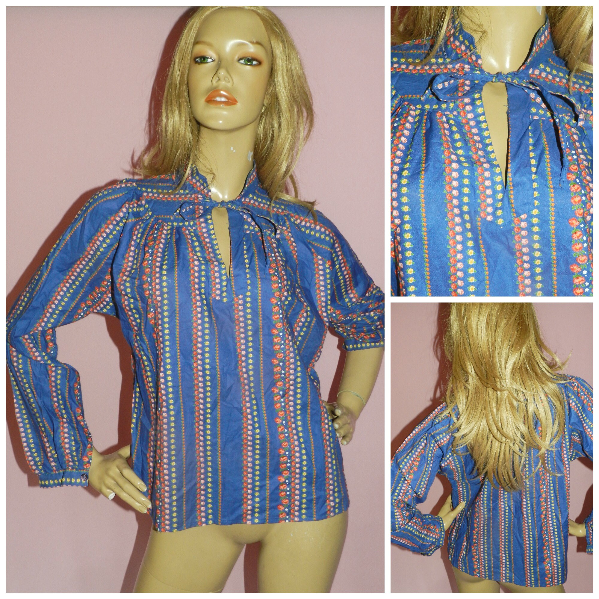 Vintage 70s Blue Multicoloured DITSY FLORAL BOHEMIAN blouse shirt top ...