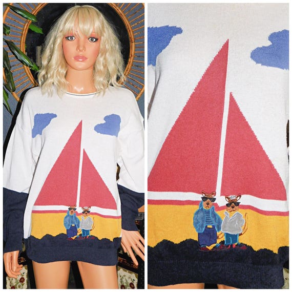 Vintage 90s SAILBOAT MOUSE Jumper Sweater XS S M 1990s Novelty Kitsch Nautical