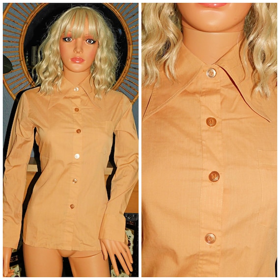 Vintage 70s Nude Tan DAGGER Collar Blouse Shirt 8 10 S 1970s Deep Cuffs