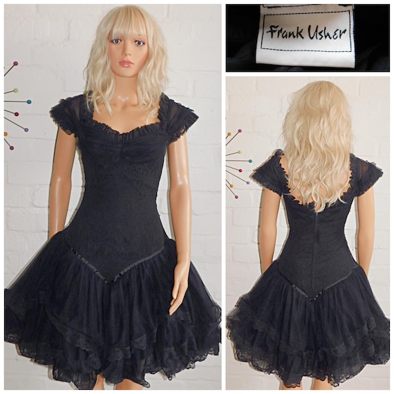 Vintage 80s FRANK USHER Black Lace Net Tulle BABYDOLL Dropped Waist Prom Party Dress 8 Xs S 1980s Cocktail Kitsch