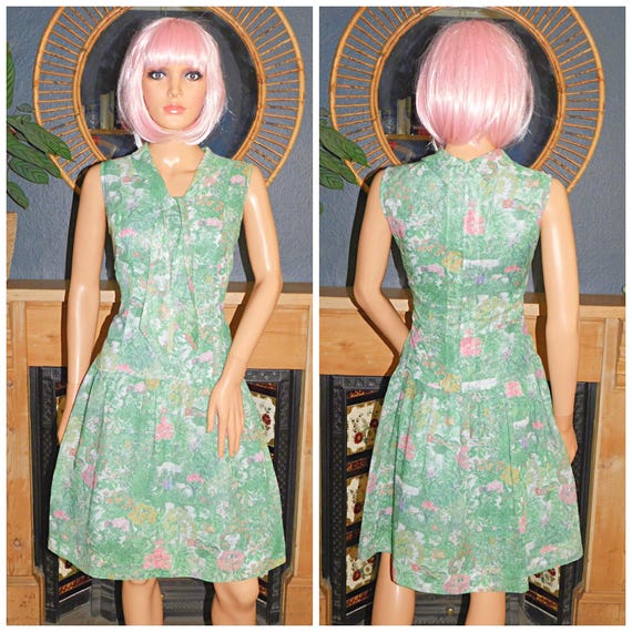 Vintage 60s Multicoloured GARDEN Floral Print Drop Waist Day Dress 10 12 S M 1960s