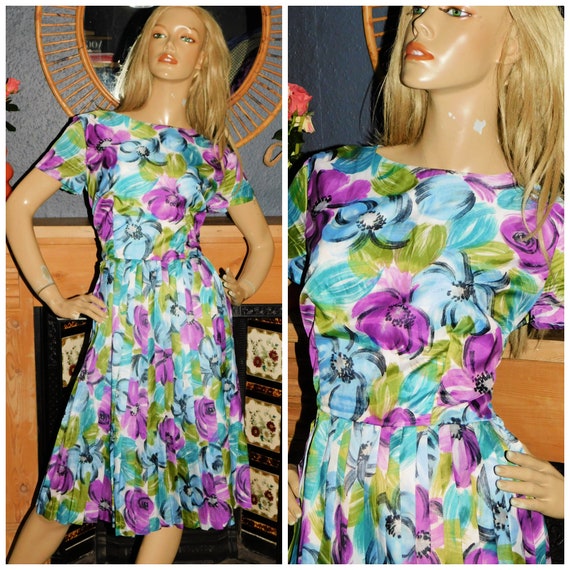 Vintage 50s Blue Purple ABSTRACT FLORAL Print Semi SHEER Tea Dress 12 M 1950s Mid Century Pin Up