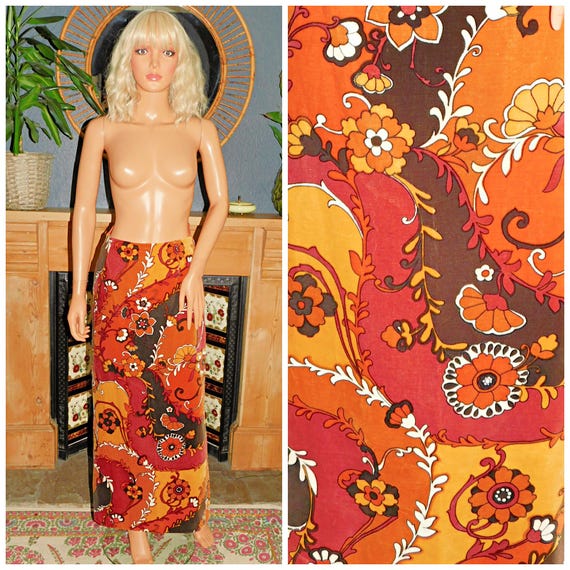 Vintage 70s Orange Brown Yellow VELVET PSYCHEDELIC Print Maxi Slit Skirt 10 S 1970s Bohemian Boho