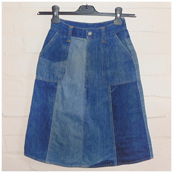 Vintage 90s Blue Denim PATCHWORK Skirt 4 6 Xxs 1990s BOHO
