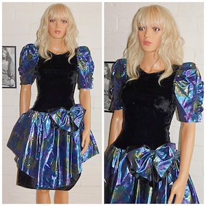 Vintage 80s Black METALLIC Blue BOW Prom Party Dress 6 8 XS 1980s Kitsch