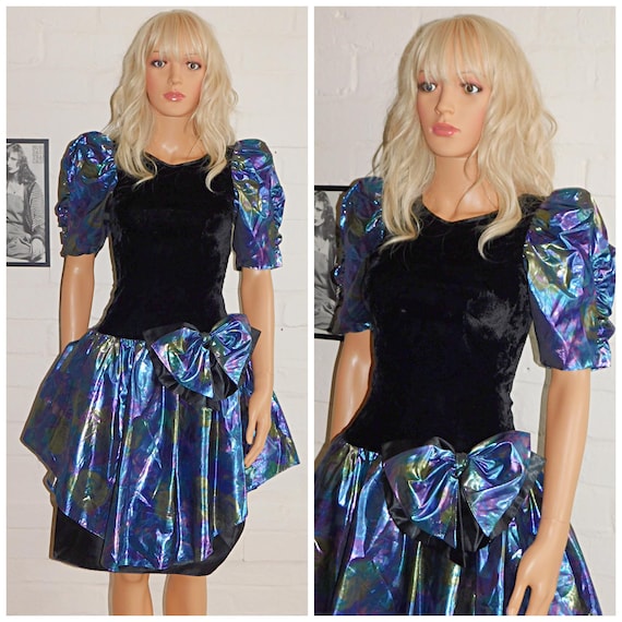 Vintage 80s Black METALLIC Blue BOW Prom Party Dress 6 8 XS 1980s Kitsch