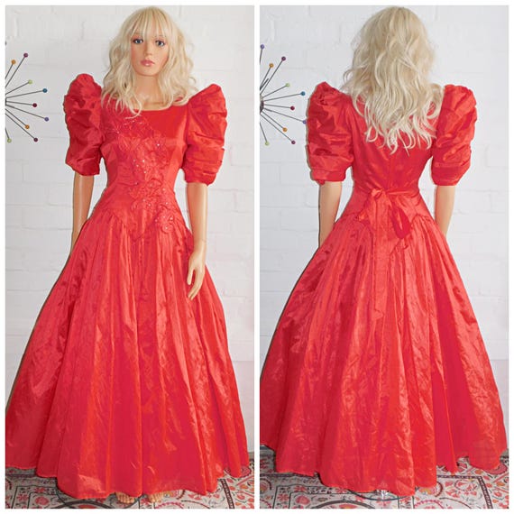 Vintage 80s Bright Red PUFF Slvd PRINCESS Full Skirt Prom Party Dress 10 12 S M 1980s Kitsch Cocktail Evening