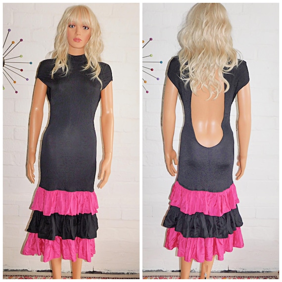 Vintage 80s TRASHY Black Pink BODY Con LOW Back RaRa Prom Party Dress 10 12 S M 1980s Kitsch