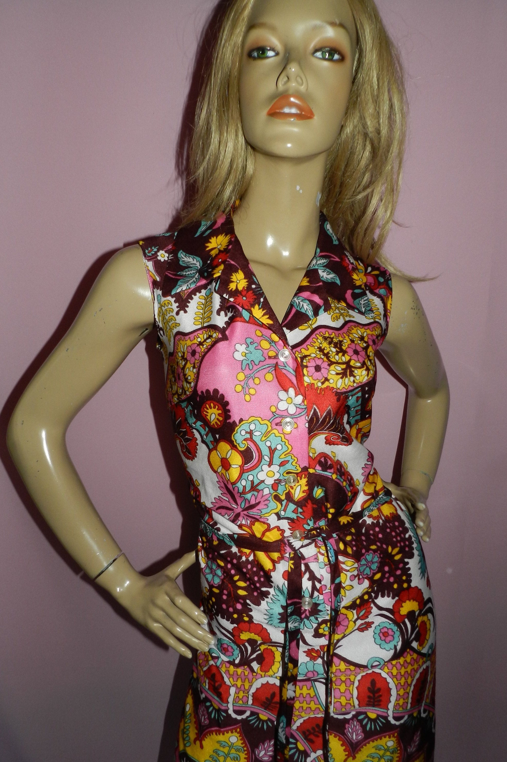 Vintage 70s PSYCHEDELIC Flower Power Multicoloured Day Dress 12 M 1970s ...