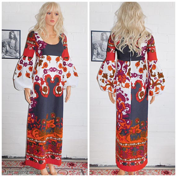 Vintage 70s Multicoloured PSYCHEDELIC Print Maxi Dress 10 12 S M 1970s Kitsch Richard Shops
