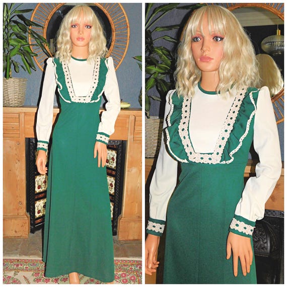 Vintage 70s Green Cream Contrast BIB Gothic Maxi Dress 8 10 S 1970s Kitsch Victoriana