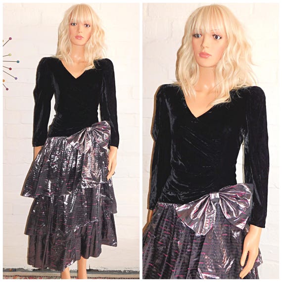 Vintage 80s METALLIC Silver Pink RaRa BOW PRINCESS Prom Party Dress 12 14 M 1980s Evening Cocktail Extreme