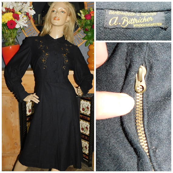 Vintage 1930s 1940s Black Gold WOOL Embroidered Beaded Sequin Detail Dress 14 M 30s 40s Wartime WW2 Deep cuffs