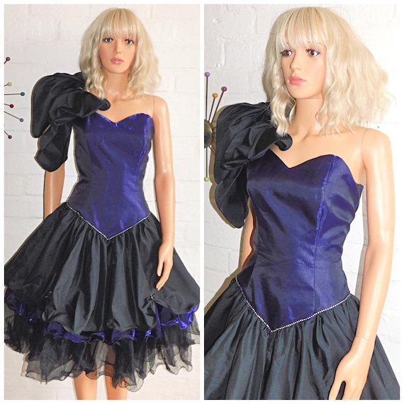 Vintage 80s Purple Black BOW Cold Shoulder AVANT GARDE RaRa Prom Party Dress 10 S 1980s Extreme Cocktail