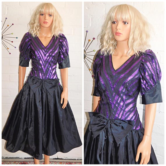 Vintage 1980s METALLIC Purple STRIPED BOW Puff Slvd Prom Party Dress 10 S 1980s Cocktail Black