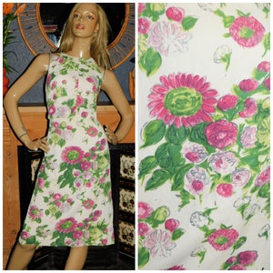 Vintage 50s Cream Pink Green GARDEN FLORAL Print Shift Dress 12 14 M Mid Century Tea