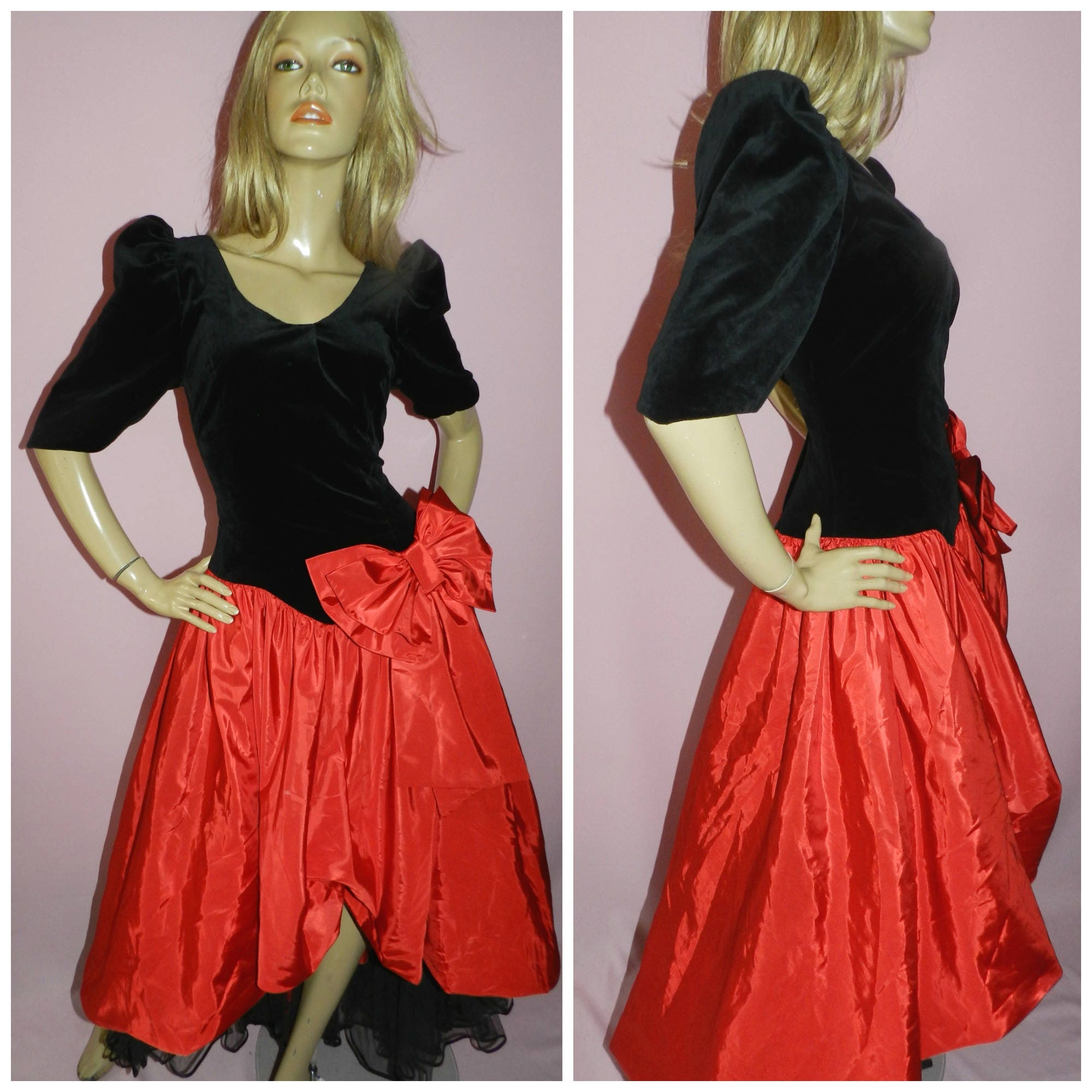 1980s Red Wool Dress with Black Velvet Trim