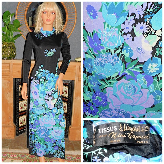 70s J LEONARD for Nini Capucci Bold Floral Print Cowl Neck Maxi Dress 10 S 1970s Iconic Designer Jersey