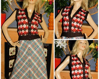Vintage 70s KITSCH Orange Brown Chequered Knit TANK Top 8-10-12 S M 1970s Button Front Preppy