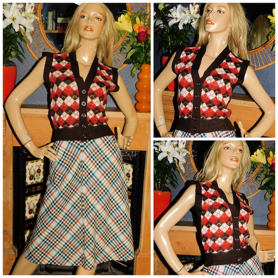 Vintage 70s KITSCH Orange Brown Chequered Knit TANK Top 8-10-12 S M 1970s Button Front Preppy