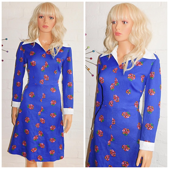 Vintage 60s 70s FLORAL Contrast Dagger COLLAR CUFFS Kitsch Day Dress 12 14 M 1960s 1970s