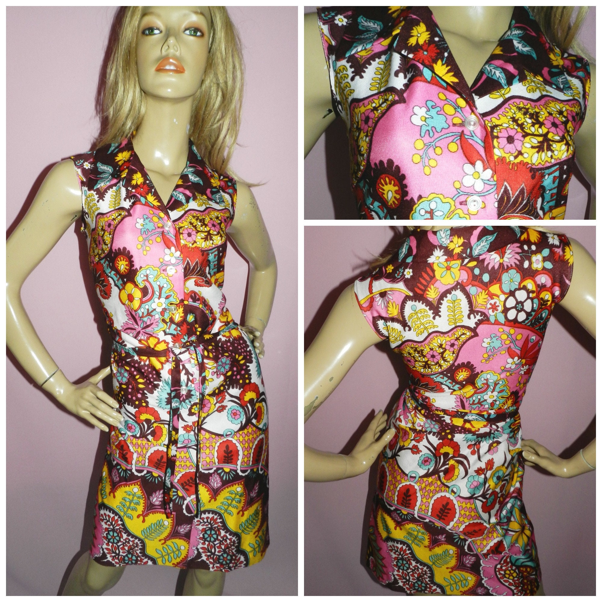 Vintage 70s PSYCHEDELIC Flower Power Multicoloured Day Dress 12 M 1970s Shift KITSCH