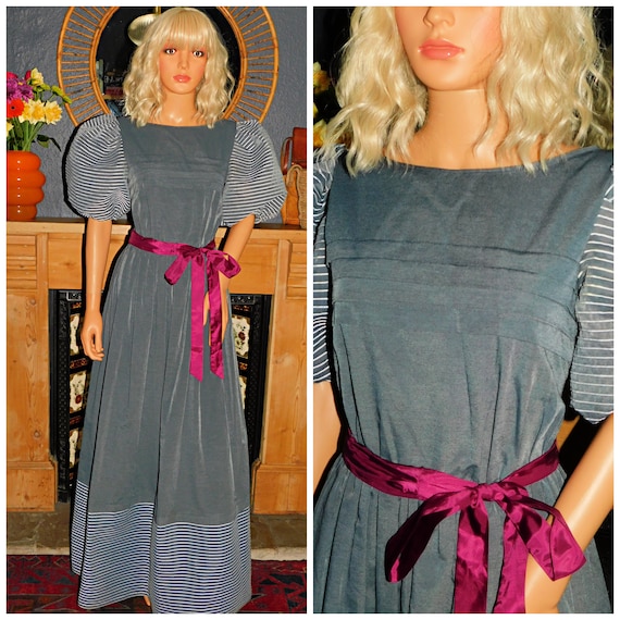 Vintage 80s Grey White PINTUCK STRIPED Puff Slvd Maxi Evening PRINCESS Dress 10 S 1980s Party Cocktail