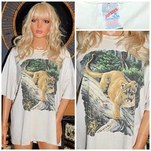 Vintage 80s Cream LION Print T shirt L 1980s Unisex Graphic Jerzees
