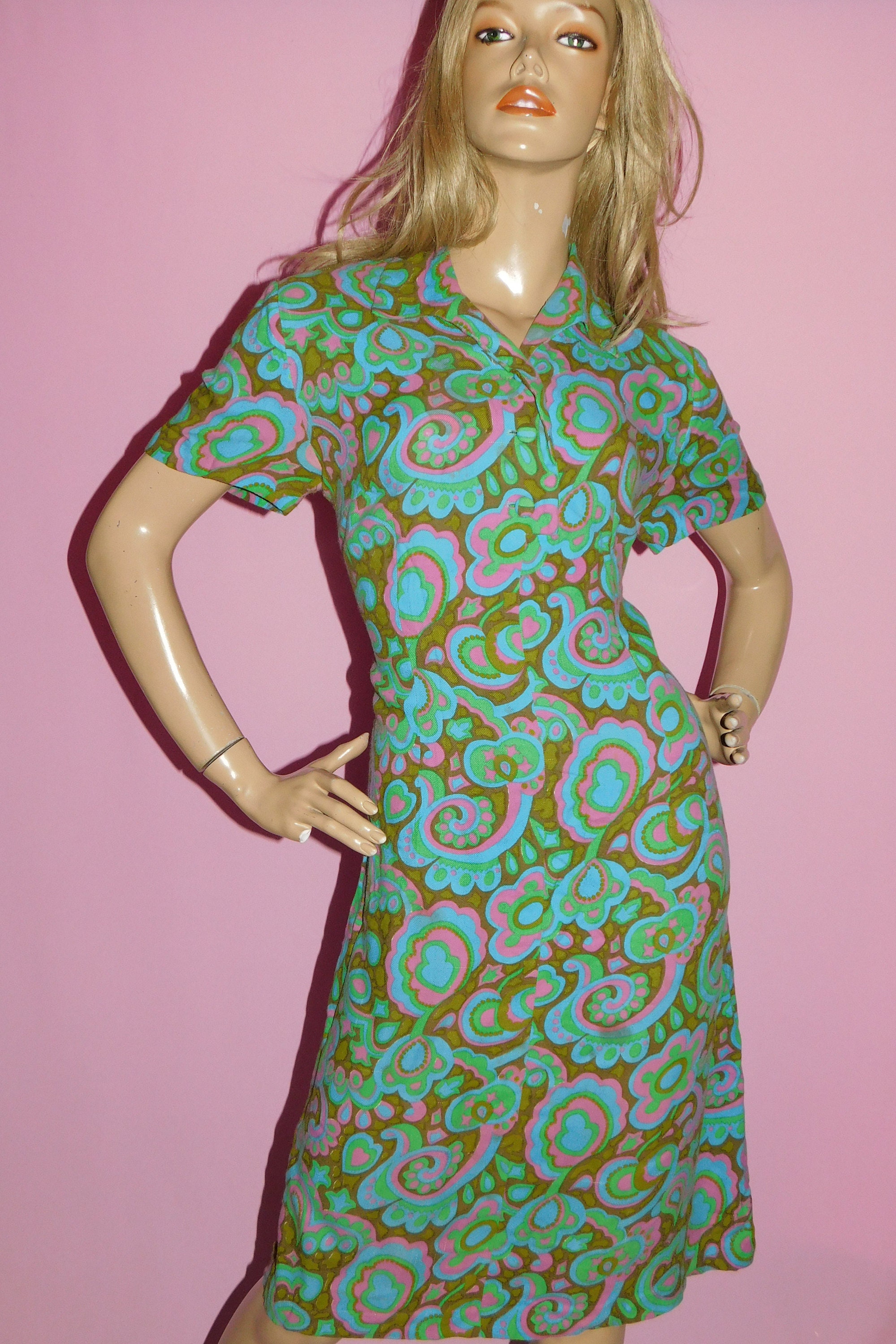 Vintage 50s Multicoloured PSYCHEDELIC Day Dress 16 L 1950s Mid Century