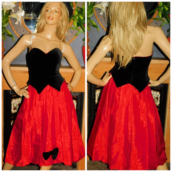 Vintage 80s Black Velvet Red STRAPLESS BOW Prom party Dress 8 Xs S 1980s Kitsch Polka Dot