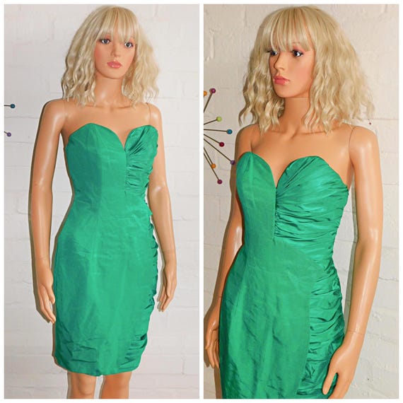 Vintage 80s Bright Green Silk Blend Strapless Mini Dress 10 S 1980s Cocktail Disco Party