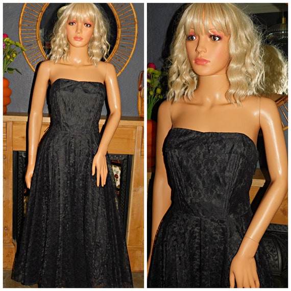 Vintage 80s 50s Revival BLACK LACE Strapless Prom Party Dress 12 M 1980s Cocktail Full Swing skirt Rockabilly