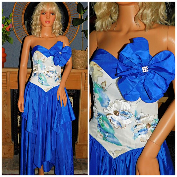 Vintage 80s ELECTRIC Blue Strapless PRINCESS Prom Party Dress 6-8 Xs 1980s Bow Extreme Kitsch Cocktail Evening