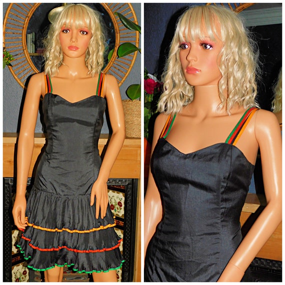 Vintage 1980s Black Multicoloured Trim Drop Waist RARA Prom Party Dress 80s 12 M 80s KITSCH Mini