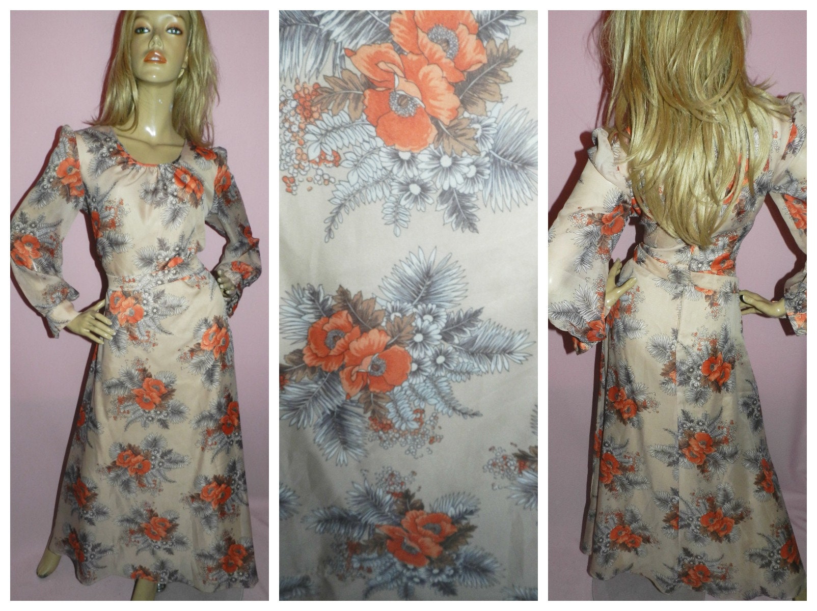 Vintage 70s Nude Orange Grey FLORAL Print BOHEMIAN Maxi Dress 14 M ...