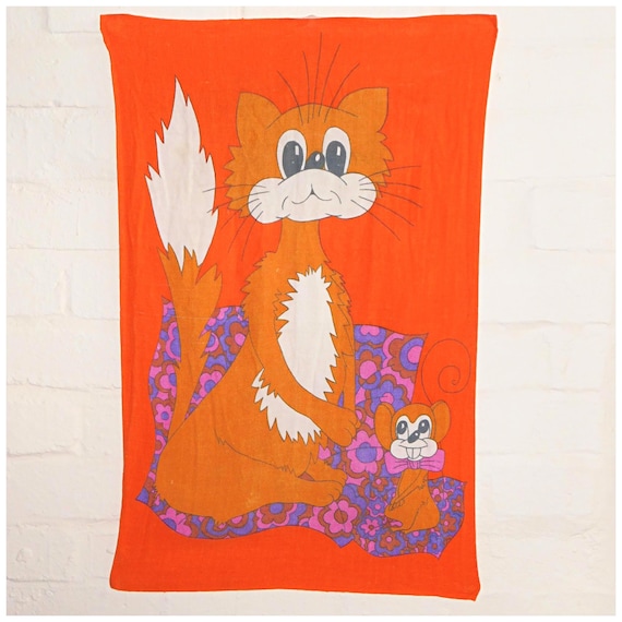 Vintage 60s 70s St Michael Orange PSYCHEDELIC Cat Mouse Linen Tea Towel Kitchenalia