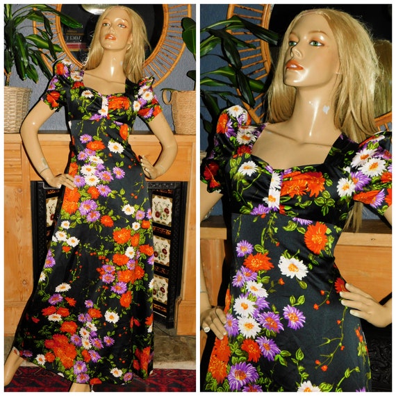 Vintage 70s Bold Multicoloured FLOWER POWER Floral Print Puff Slvd Maxi Dress 8-10 S 1970s Kitsch