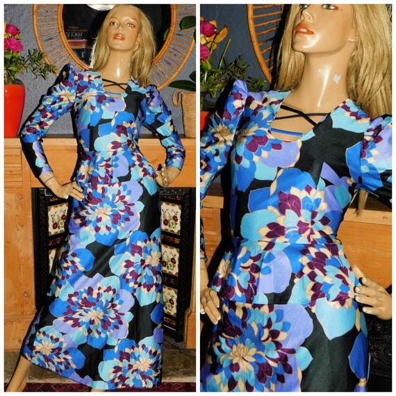 Vintage 70s Blue Purple PSYCHEDELIC GEOMETRIC Peplum Maxi Dress 8-10 S 1970s Kitsch Bold
