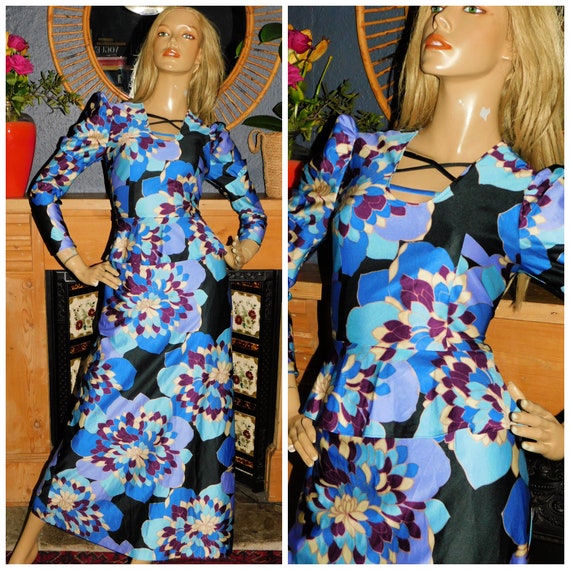 Vintage 70s Blue Purple PSYCHEDELIC GEOMETRIC Peplum Maxi Dress 8-10 S 1970s Kitsch Bold