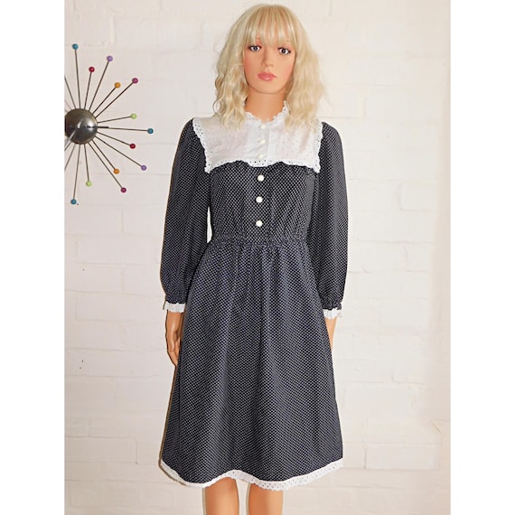 Vintage 70s Black White BRODERIE PRAIRIE Polka Dot Day Dress 8 Xs 1970s