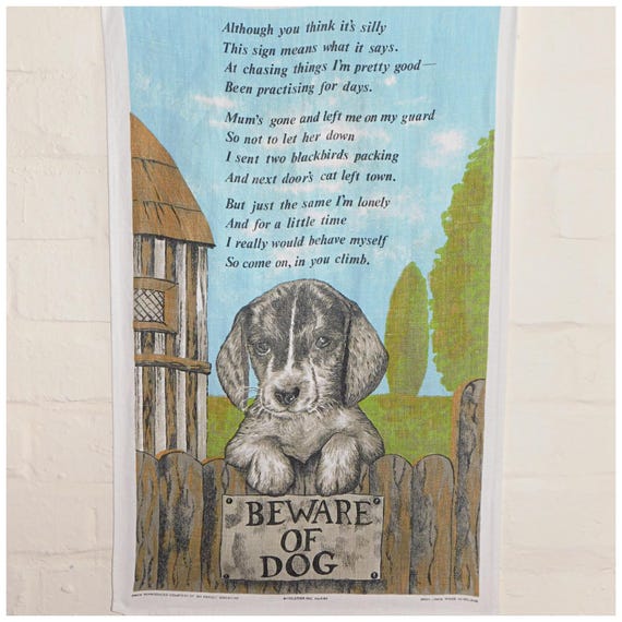 Vintage 70s BEWARE OF DOG Ulster Irish Linen Tea Towel Kitchenalia