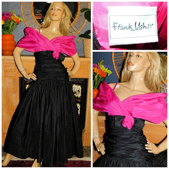 Vintage 80s FRANK USHER BUBBLEGUM Pink Black Bow Prom Party Dress 6-8 Xs 1980s Princess Avant Garde