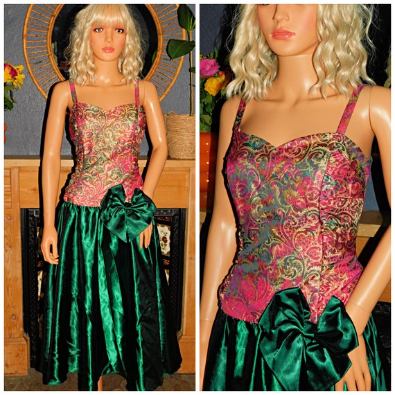 Vintage 80s Pink Gold Green BOW Prom Party Dress 10 12 S M 1980s Evening Cocktail Glittery Metallic