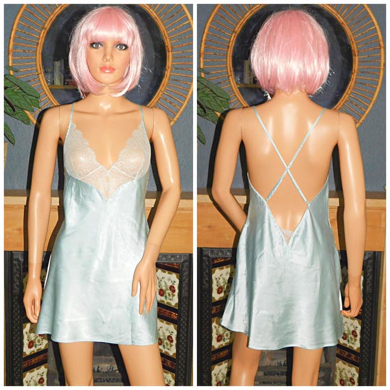 Vintage Y2K Pale Blue Lace Trim Slip Dress Top 8 10 S Grunge Disco Coquette Victorias Secret Lingerie