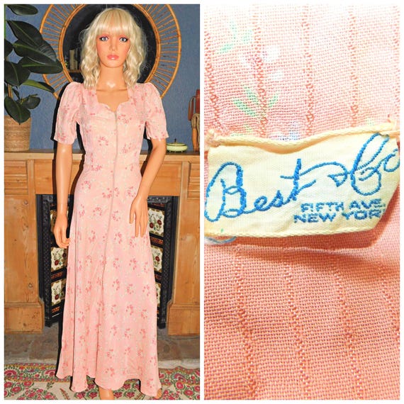 Vintage 30s BLUSH Pink FLORAL Print Zipper Front Maxi Starlet Dress 8 Xs 1930s Best & Co
