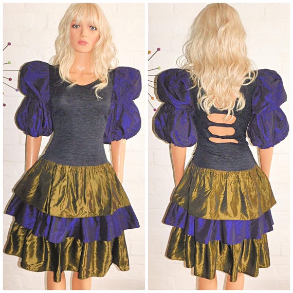 Vintage 80s Khaki Green Purple Cutout Ruffled RARA Prom Party Dress 14 16 M L 1980s