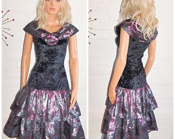 Vintage 80s Black Multicoloured METALLIC RARA Prom Party Dress 8 10 S 1980s Kitsch Shawl Collar